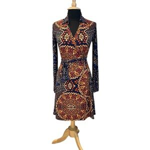 Analili knit blue, orange, green mosaic true wrap long sleeve collared dress M